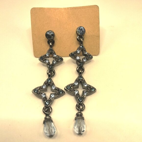 Dangle Earrings Crystal Star Vintage Inspired Rhinestone Silver Drop - Picture 2 of 4